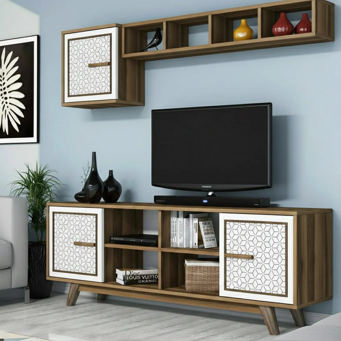 Mobili Porta Tv|Salotto > Dmora Porta TV noce e bianco 180x35x40h cm 3 ante - Jakuchu Bianco, Marrone Noce