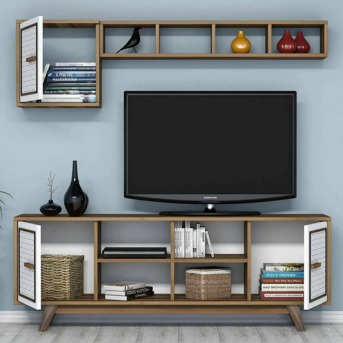 Mobili Porta Tv|Salotto > Dmora Porta TV noce e bianco 180x35x40h cm 3 ante - Jakuchu Bianco, Marrone Noce