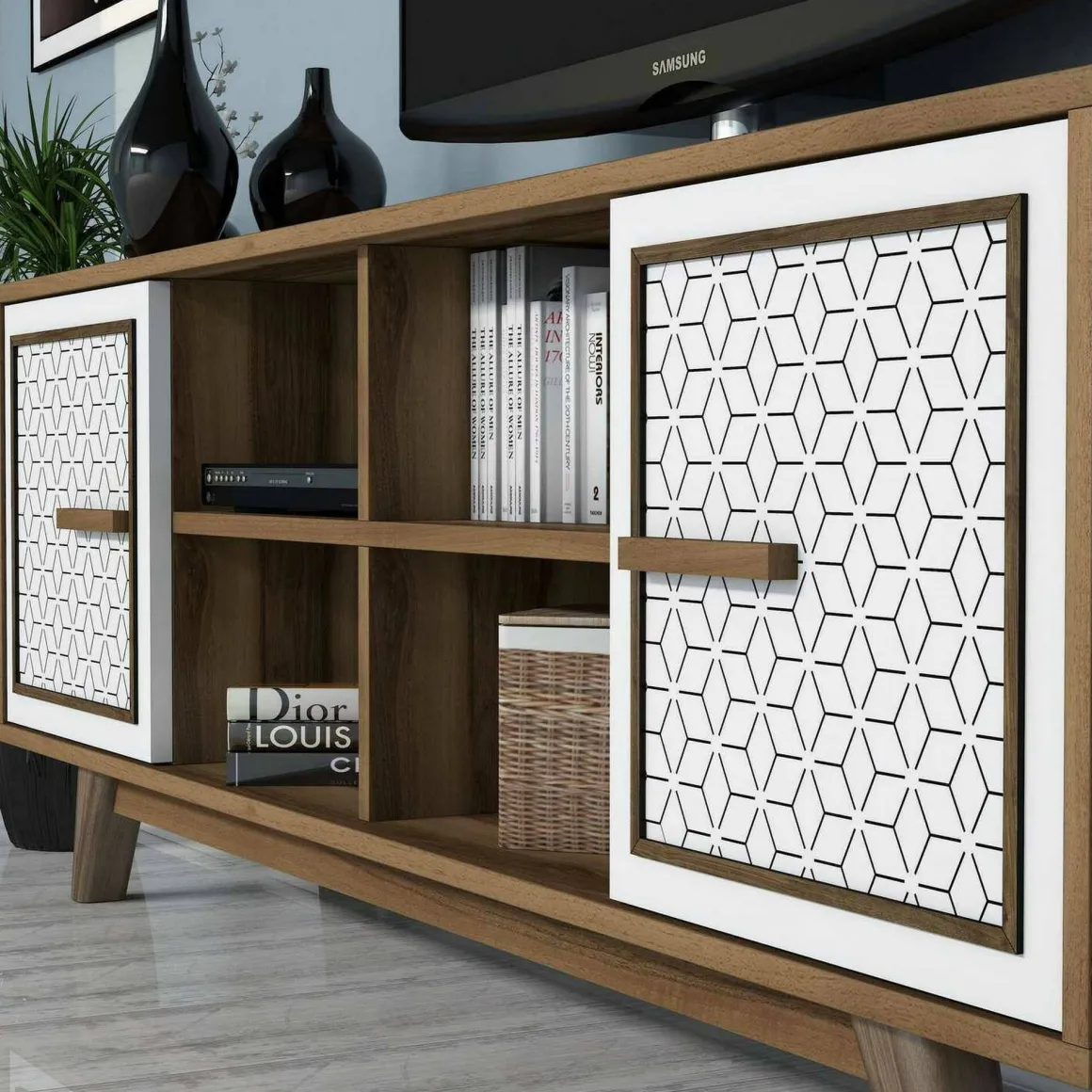Mobili Porta Tv|Salotto > Dmora Porta TV noce e bianco 180x35x40h cm 3 ante - Jakuchu Bianco, Marrone Noce