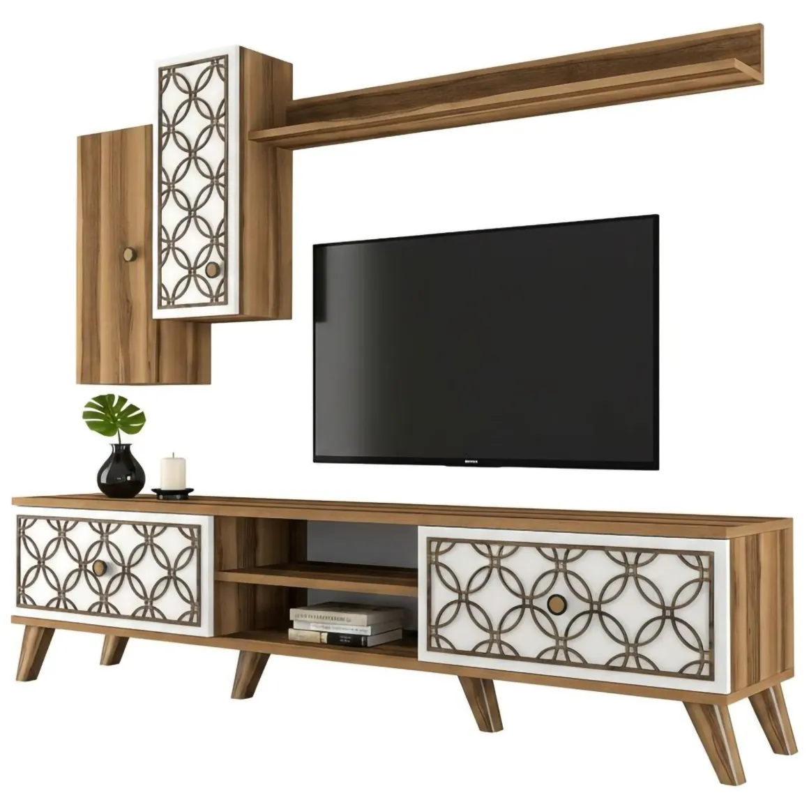 Mobili Porta Tv|Salotto > Dmora Porta TV noce e bianco 205x36x50h cm 2 ante - Massima Bianco, Marrone Noce
