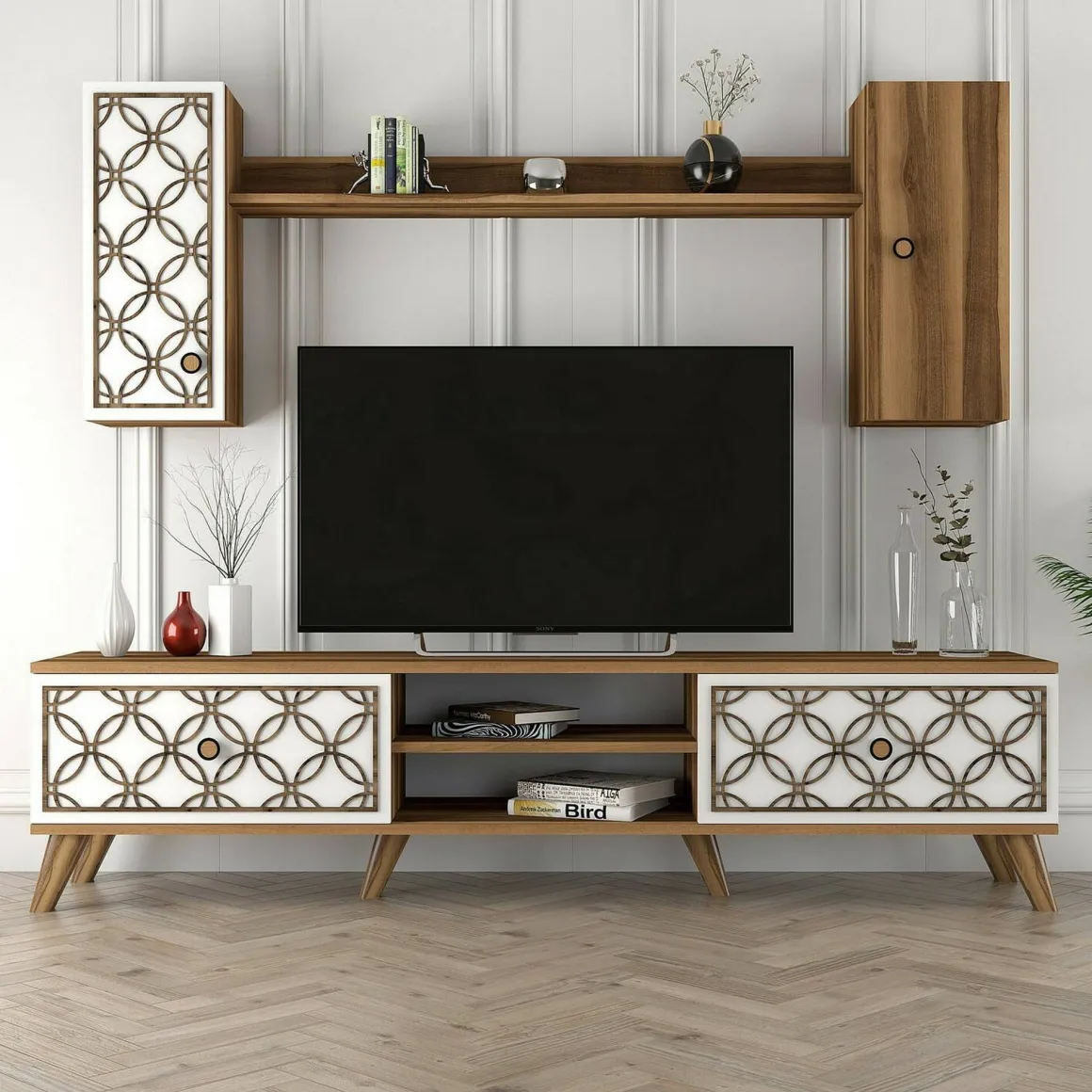 Mobili Porta Tv|Salotto > Dmora Porta TV noce e bianco 205x36x50h cm 2 ante - Massima Bianco, Marrone Noce