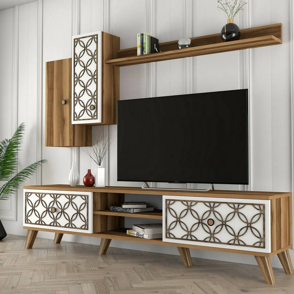 Mobili Porta Tv|Salotto > Dmora Porta TV noce e bianco 205x36x50h cm 2 ante - Massima Bianco, Marrone Noce