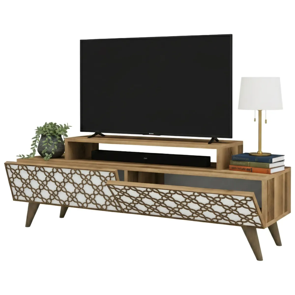 Mobili Porta Tv|Salotto > Dmora Porta TV noce e bianco 140x41x48h cm modulabile - Arnara Bianco, Marrone Noce