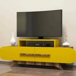 Mobili Porta Tv > Dmora Porta TV noce e giallo 145x36x49h cm 2 ante - Nesatm Giallo, Marrone Noce