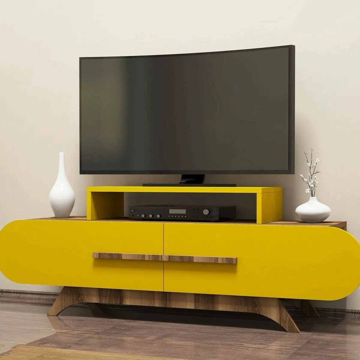 Mobili Porta Tv > Dmora Porta TV noce e giallo 145x36x49h cm 2 ante - Nesatm Giallo, Marrone Noce