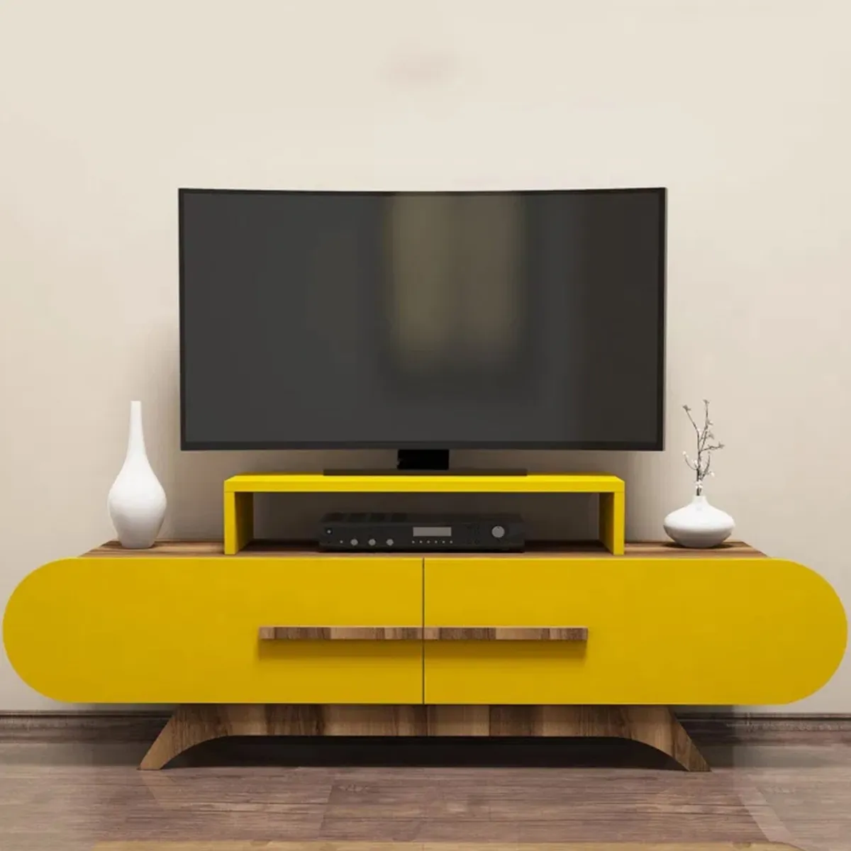 Mobili Porta Tv > Dmora Porta TV noce e giallo 145x36x49h cm 2 ante - Nesatm Giallo, Marrone Noce
