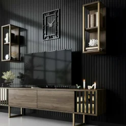 Mobili Porta Tv|Salotto > Dmora Porta TV noce e nero 180x30x48h cm modulabile - Artinay Nero, Marrone Noce