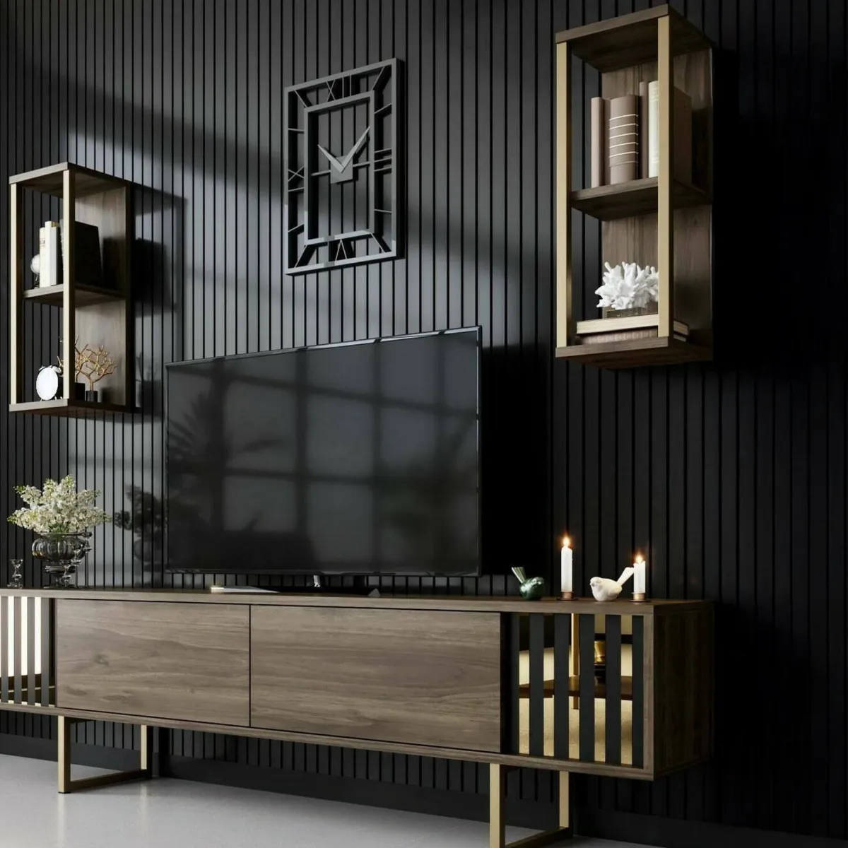 Mobili Porta Tv|Salotto > Dmora Porta TV noce e nero 180x30x48h cm modulabile - Artinay Nero, Marrone Noce