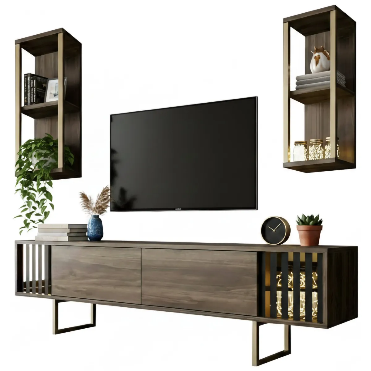 Mobili Porta Tv|Salotto > Dmora Porta TV noce e nero 180x30x48h cm modulabile - Artinay Nero, Marrone Noce