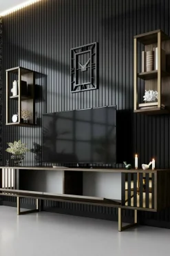 Mobili Porta Tv|Salotto > Dmora Porta TV noce e nero 180x30x48h cm modulabile - Artinay Nero, Marrone Noce