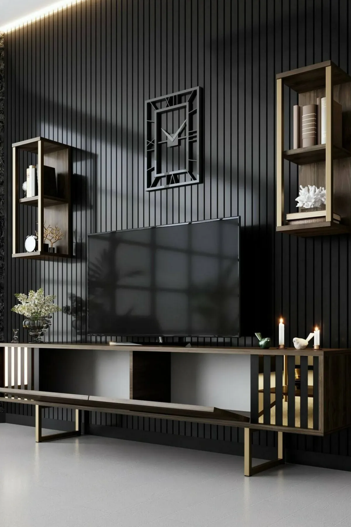 Mobili Porta Tv|Salotto > Dmora Porta TV noce e nero 180x30x48h cm modulabile - Artinay Nero, Marrone Noce