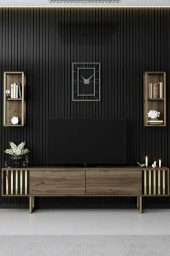 Mobili Porta Tv|Salotto > Dmora Porta TV noce e nero 180x30x48h cm modulabile - Artinay Nero, Marrone Noce