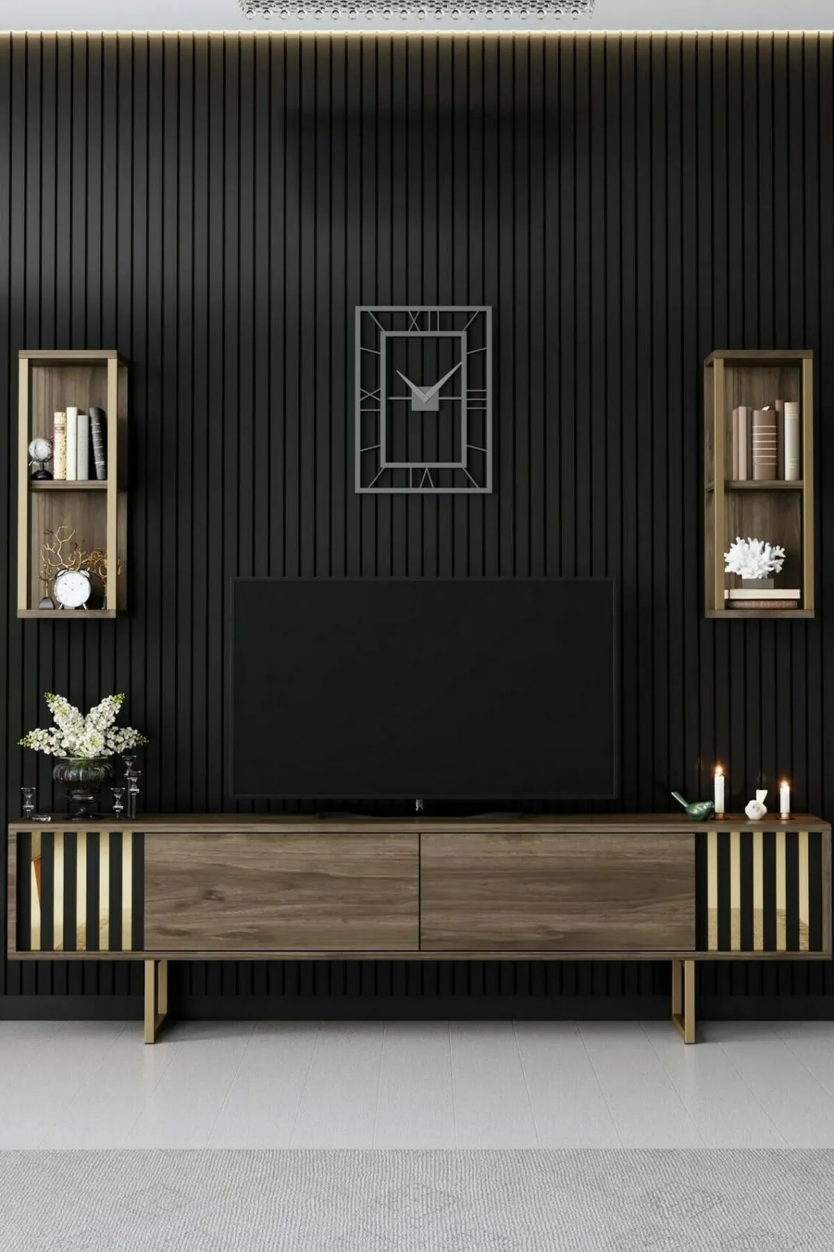 Mobili Porta Tv|Salotto > Dmora Porta TV noce e nero 180x30x48h cm modulabile - Artinay Nero, Marrone Noce