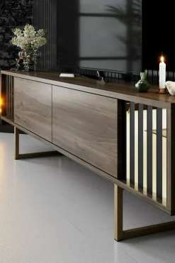 Mobili Porta Tv|Salotto > Dmora Porta TV noce e nero 180x30x48h cm modulabile - Artinay Nero, Marrone Noce