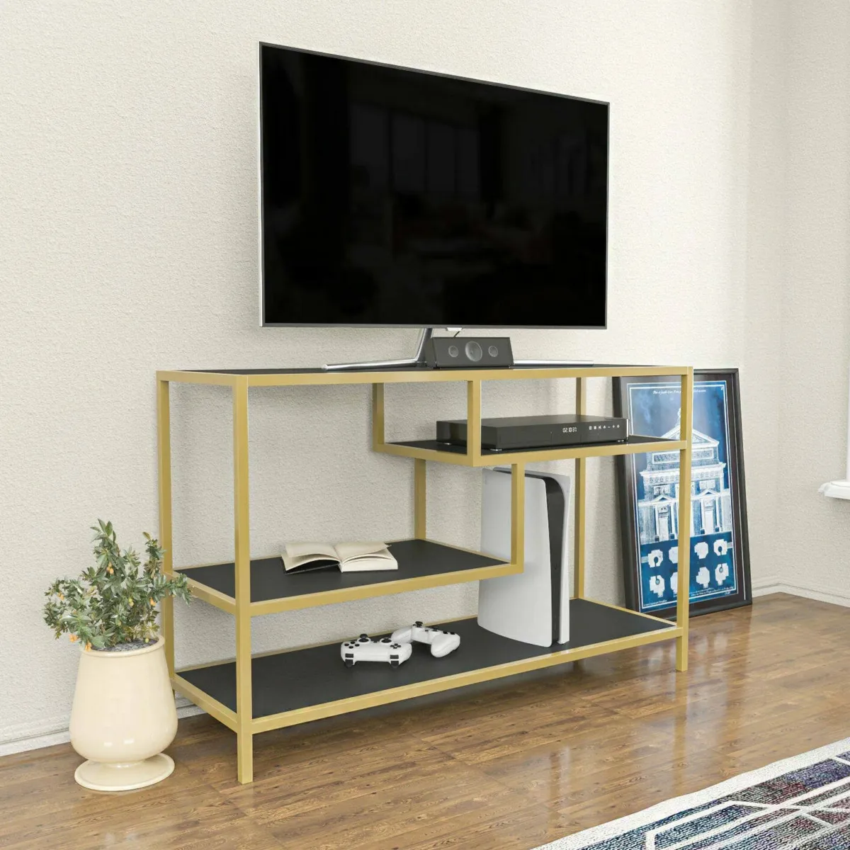 Mobili Porta Tv|Salotto > Dmora Porta TV oro e antracite 120x39x75h cm in legno - Ivette Nero, Oro Antracite