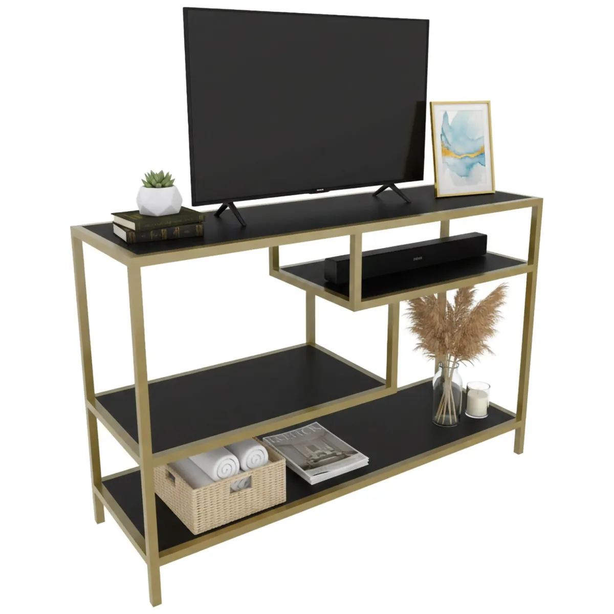 Mobili Porta Tv|Salotto > Dmora Porta TV oro e antracite 120x39x75h cm in legno - Ivette Nero, Oro Antracite