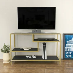 Mobili Porta Tv|Salotto > Dmora Porta TV oro e antracite 120x39x75h cm in legno - Ivette Nero, Oro Antracite
