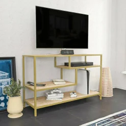 Mobili Porta Tv|Salotto > Dmora Porta TV oro e quercia 120x39x75h cm in legno - Ivette Marrone, Oro Quercia