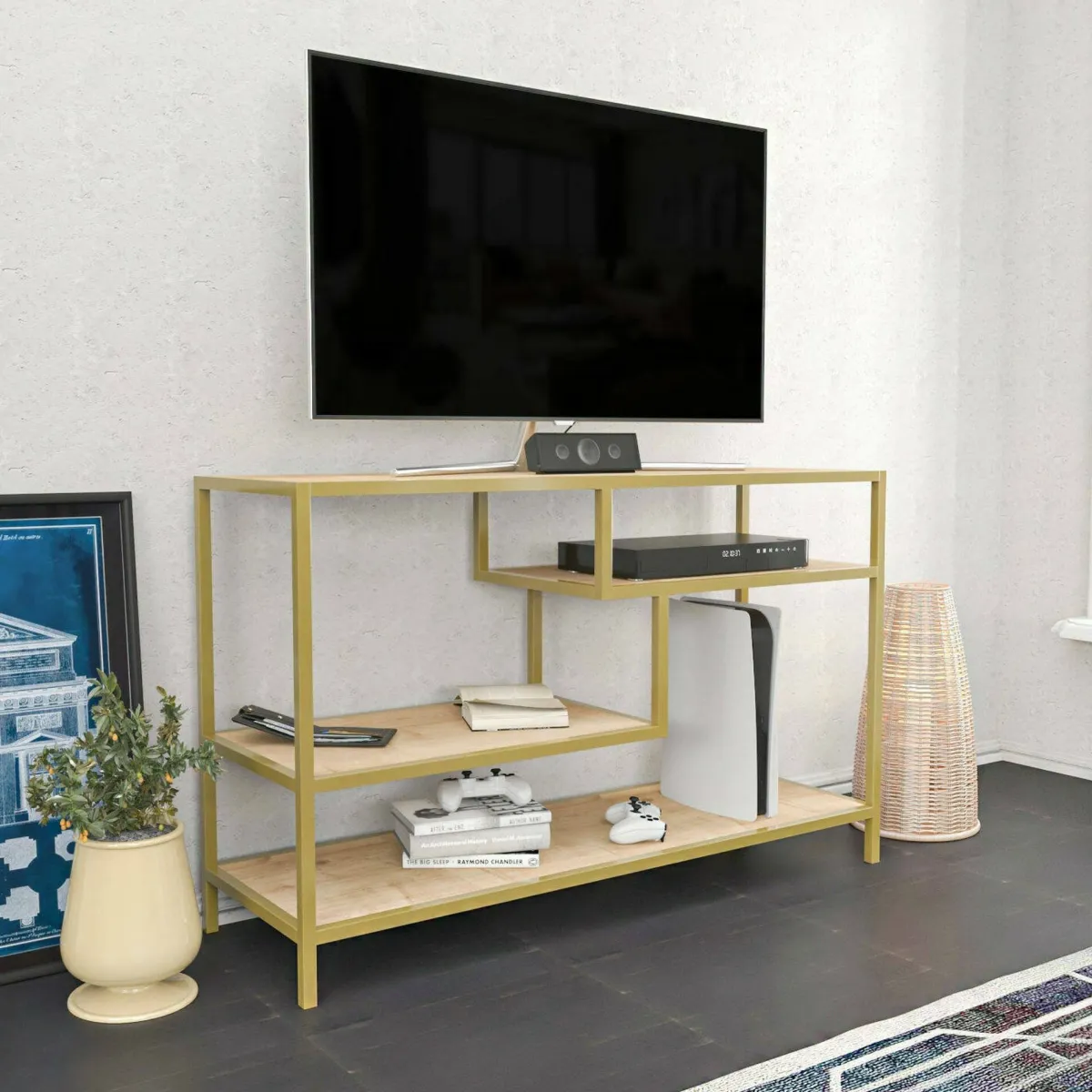 Mobili Porta Tv|Salotto > Dmora Porta TV oro e quercia 120x39x75h cm in legno - Ivette Marrone, Oro Quercia