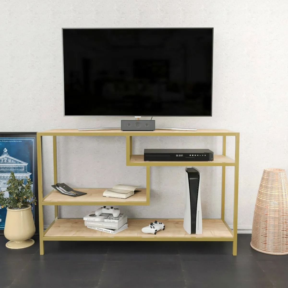 Mobili Porta Tv|Salotto > Dmora Porta TV oro e quercia 120x39x75h cm in legno - Ivette Marrone, Oro Quercia