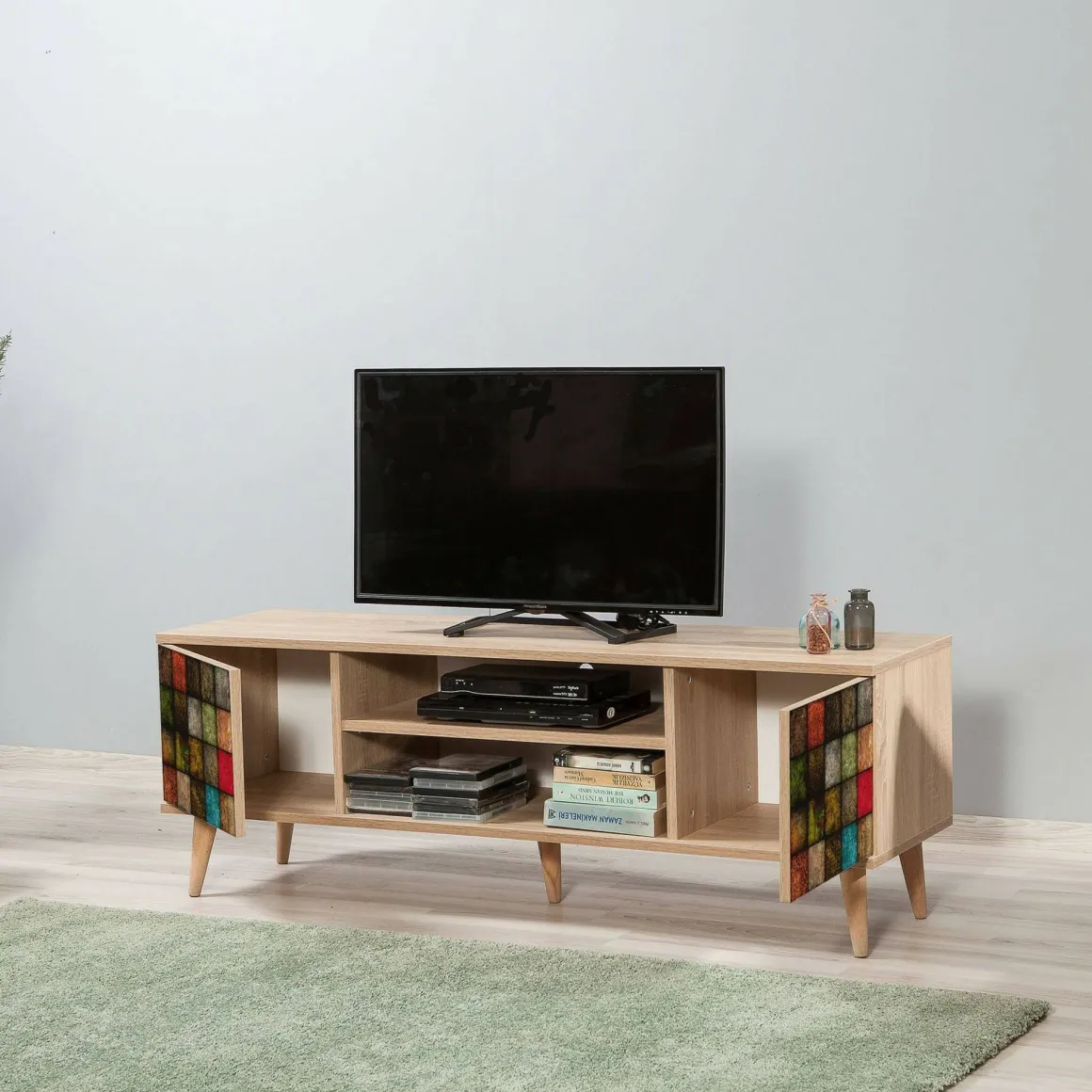Porta TV quercia e multicolore 140x40x50h cm 2 ante - Enrica