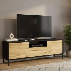 Mobili Porta Tv > Dmora Porta TV quercia e nero 140x35x46h cm 3 ante - Khagan Nero, Marrone Quercia