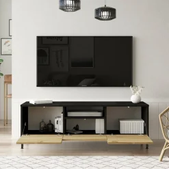 Mobili Porta Tv > Dmora Porta TV quercia e nero 140x35x46h cm 3 ante - Khagan Nero, Marrone Quercia