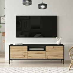 Mobili Porta Tv > Dmora Porta TV quercia e nero 140x35x46h cm 3 ante - Khagan Nero, Marrone Quercia