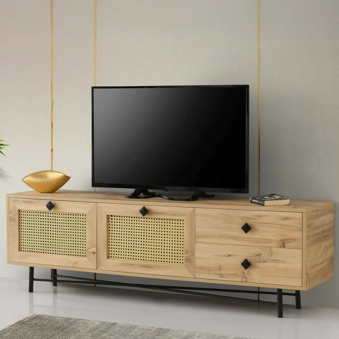Porta TV quercia e nero 180x40x60h cm 2 ante e 2 cassetti - Apollinare