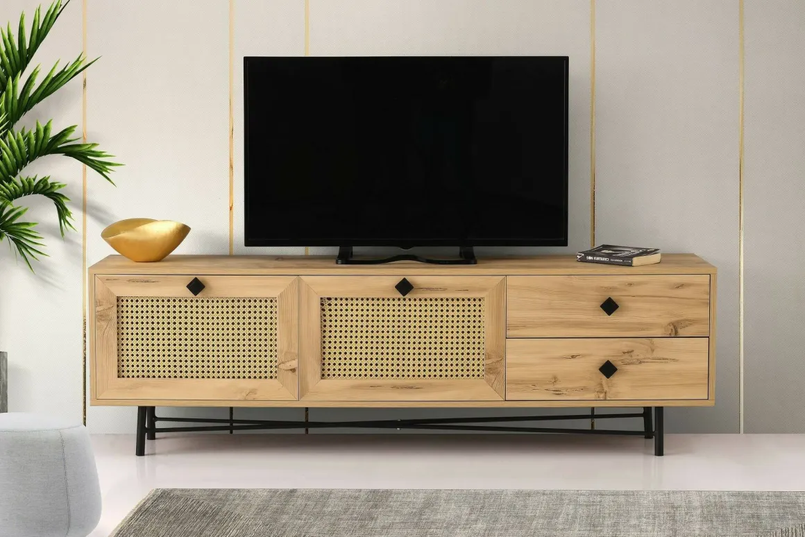 Porta TV quercia e nero 180x40x60h cm 2 ante e 2 cassetti - Apollinare