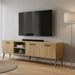 Mobili Porta Tv > Dmora Porta TV quercia 180x35x53h cm 3 ante - Brugine Marrone Quercia