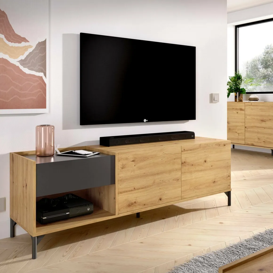 Porta TV rovere nodi e antracite 164x39x48h cm modulabile - Aras