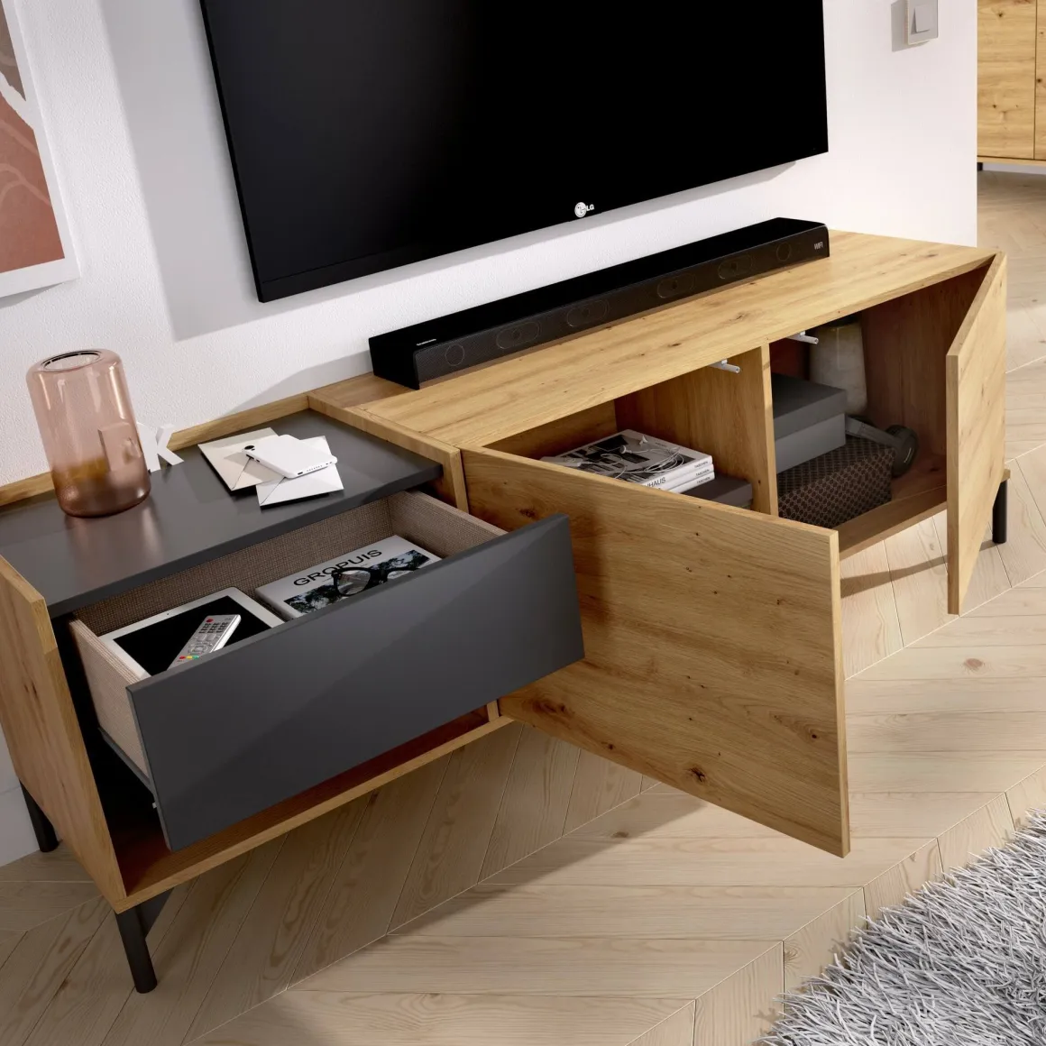 Porta TV rovere nodi e antracite 164x39x48h cm modulabile - Aras