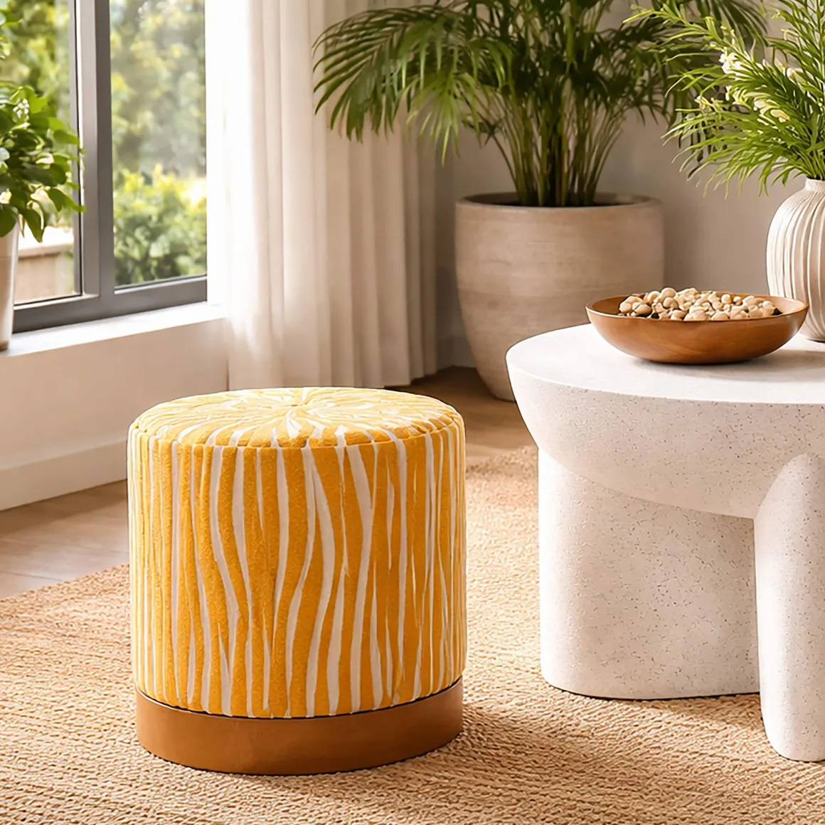 Pouf Giallo Senape oro Effetto Zebrato Forma Rotondo 41x42x41h cm, Colore Struttura oro - Faleli
