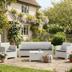 Set Da Esterno|Outdoor > Dmora Salotto da cortile poltrone e divano effetto rattan - Admiral Bianco