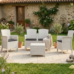 Set Da Esterno|Outdoor > Dmora Salotto da esterno 4 poltrone e 1 divano con tavolino contenitore - Asiak Bianco