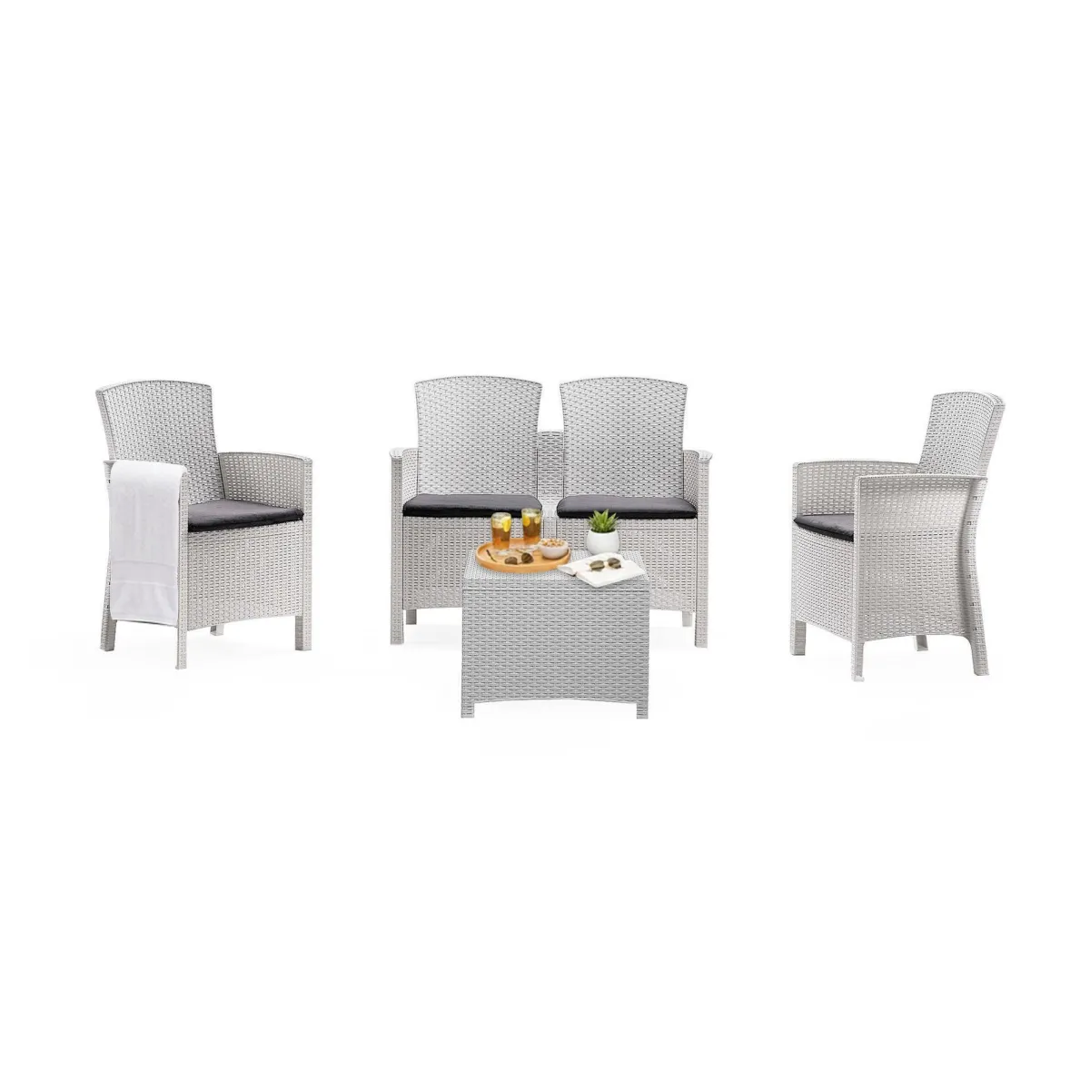 Set Da Esterno|Outdoor > Dmora Salotto da esterno 4 poltrone e 1 divano con tavolino contenitore - Asiak Bianco