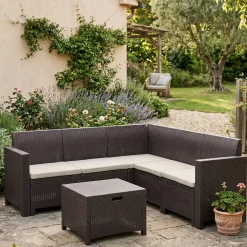 Salotto da giardino divano ad angolo 1 tavolino contenitore marrone - Somnus