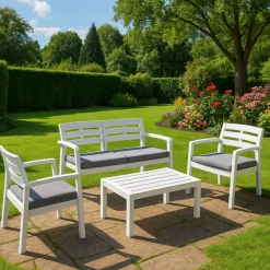 Set Da Esterno|Outdoor > Dmora Salotto da giardino panche e tavolo effetto doghe - Arti Bianco