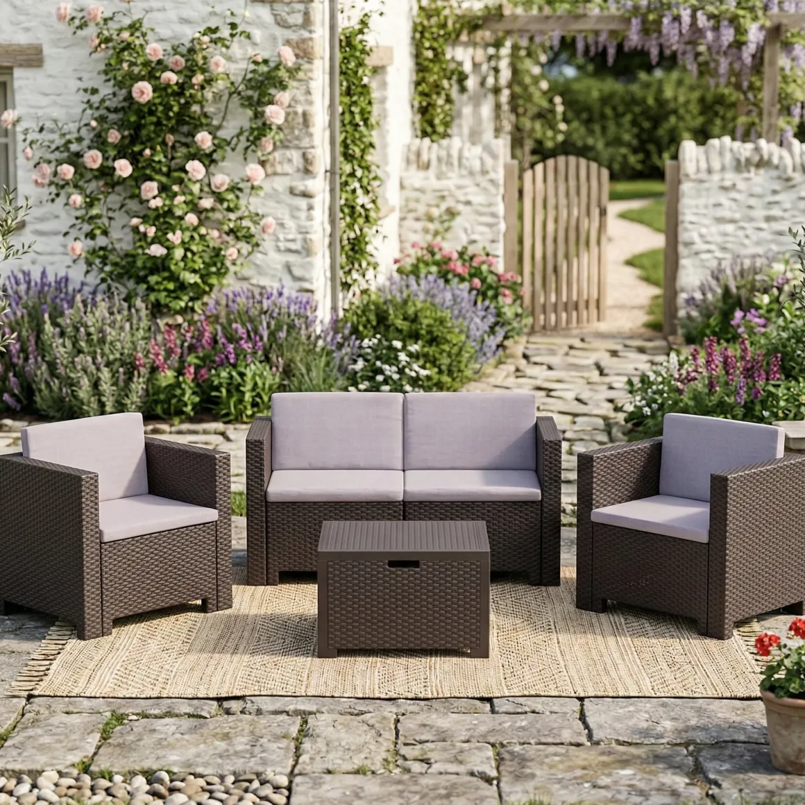 Salotto da giardino poltrone e divano effetto rattan marrone - Camisano