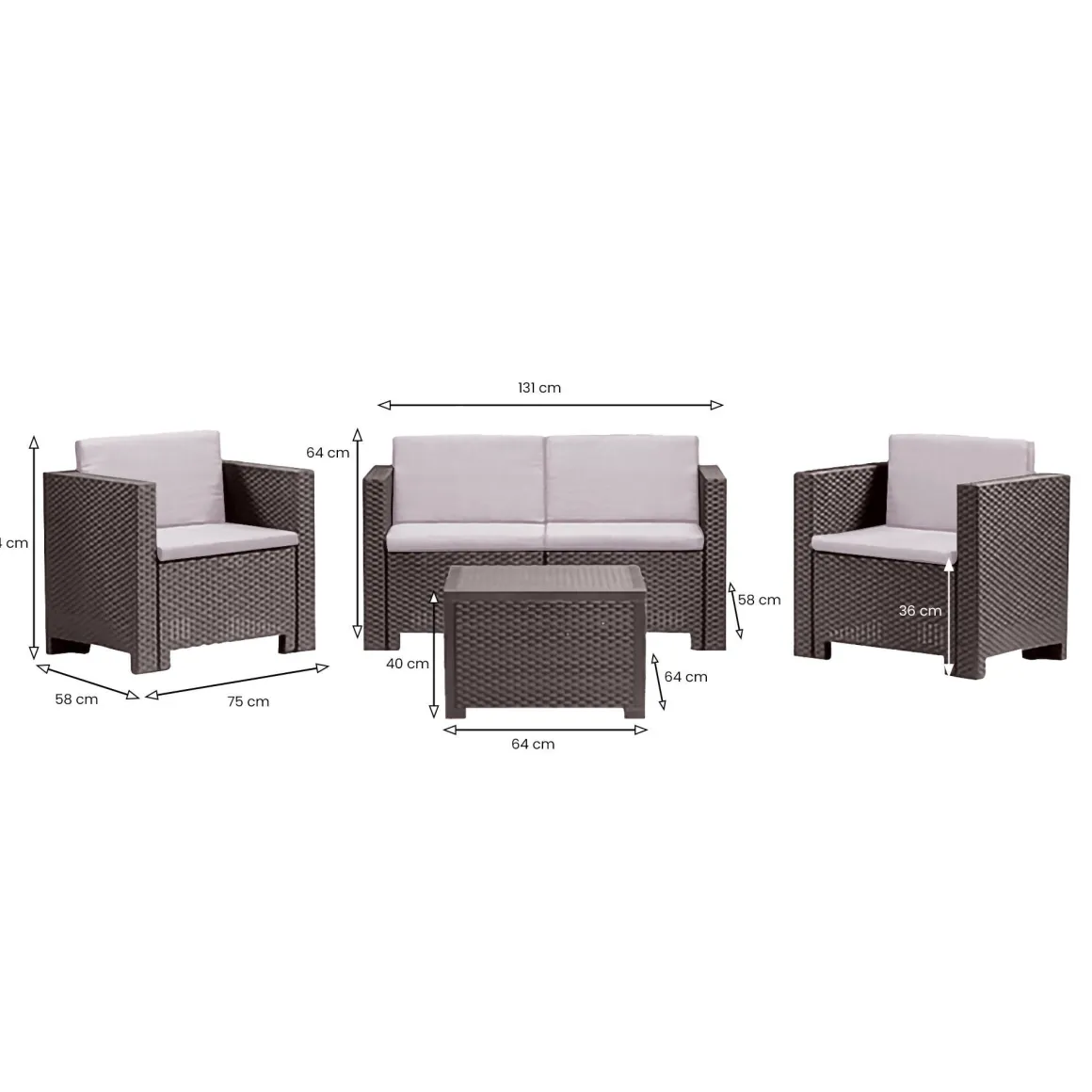 Salotto da giardino poltrone e divano effetto rattan marrone - Camisano