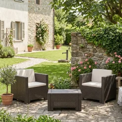 Salotto da giardino 2 posti e 1 tavolo effetto rattan marrone - Camini