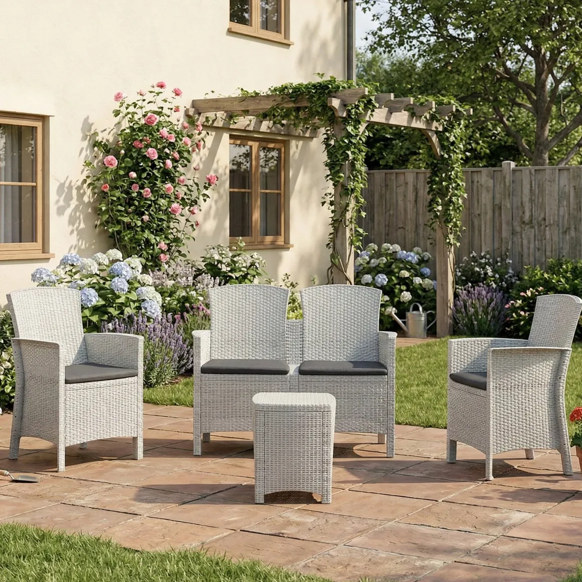 Salotto da terrazza 2 poltrone e 1 divano effetto rattan bianco - Eustachia