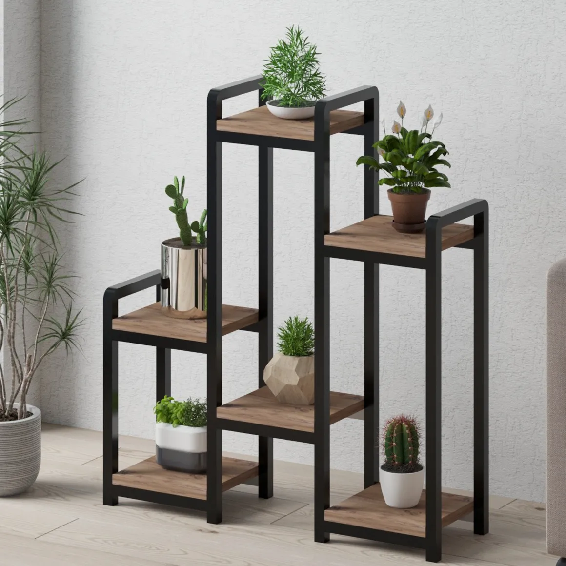 Scaffali Marrone Noce Nero 6 Ripiani Materiale Struttura in Metallo 20x77x67h cm, Colore Struttura Nero - Estense