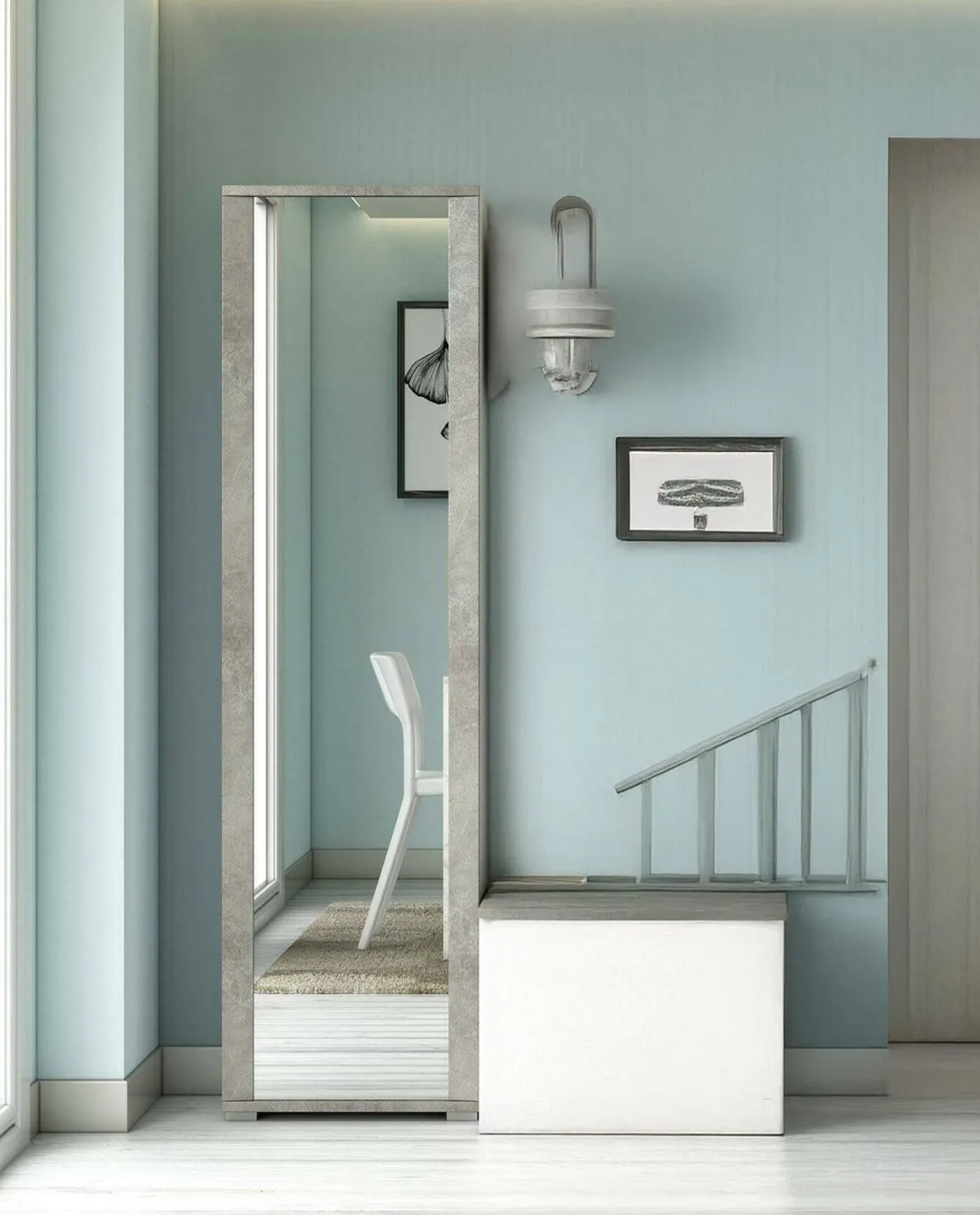 Scarpiera alta bianca e cemento 50x182h cm con specchio - Asiago