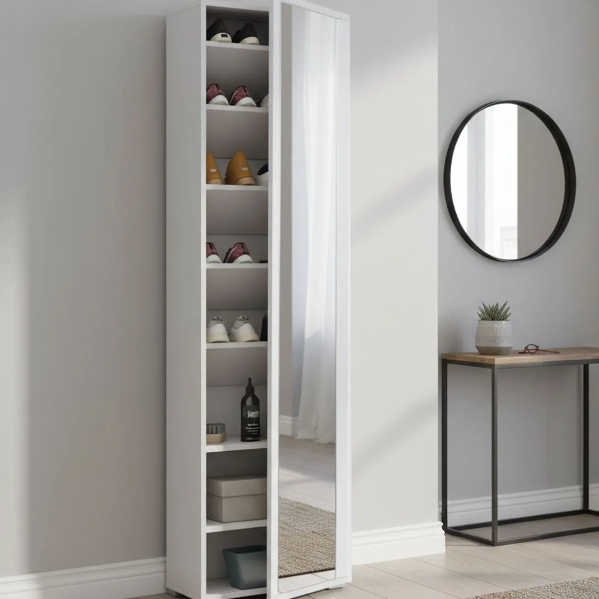 Bagno|Scarpiere > Dmora Scarpiera alta bianca 50x182h cm anta a specchio - Asiago Bianco