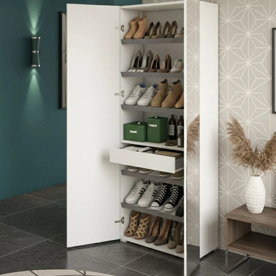 Scarpiera Alta con Specchio Reversibile 72x37x195h cm Bianca con 2 Ante 6 Ripiani e 1 Cassetto Made in Italy – Eracle