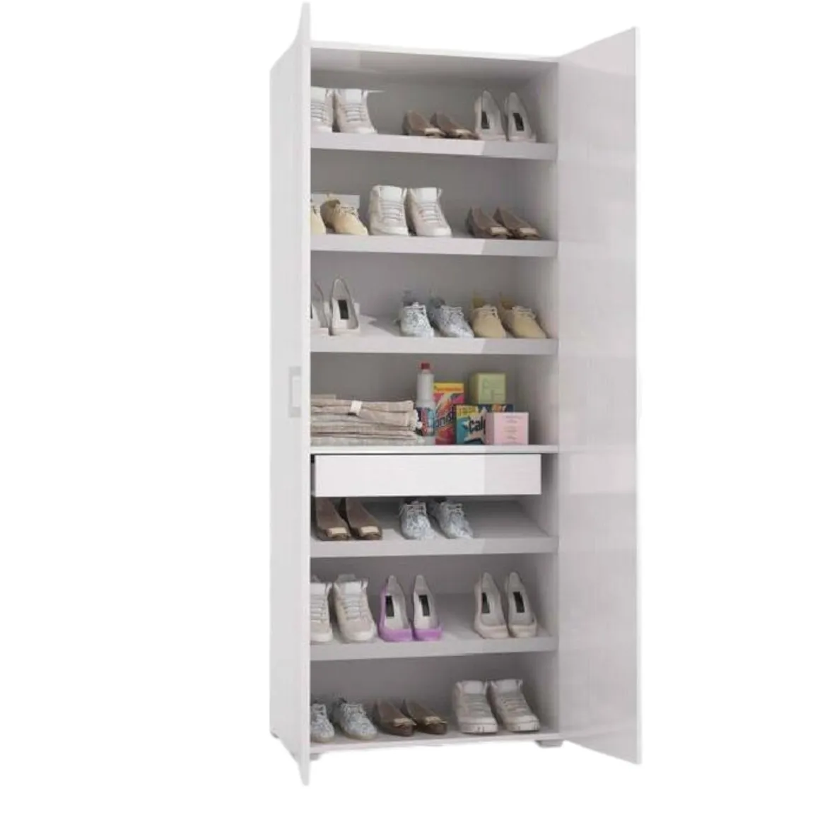 Scarpiera Alta con Specchio Reversibile 72x37x195h cm Bianca con 2 Ante 6 Ripiani e 1 Cassetto Made in Italy – Eracle