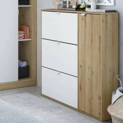 Bagno|Scarpiere > Dmora Scarpiera 4 ante bianca e rovere 67x147h cm - Adeindein Marrone, Bianco Rovere