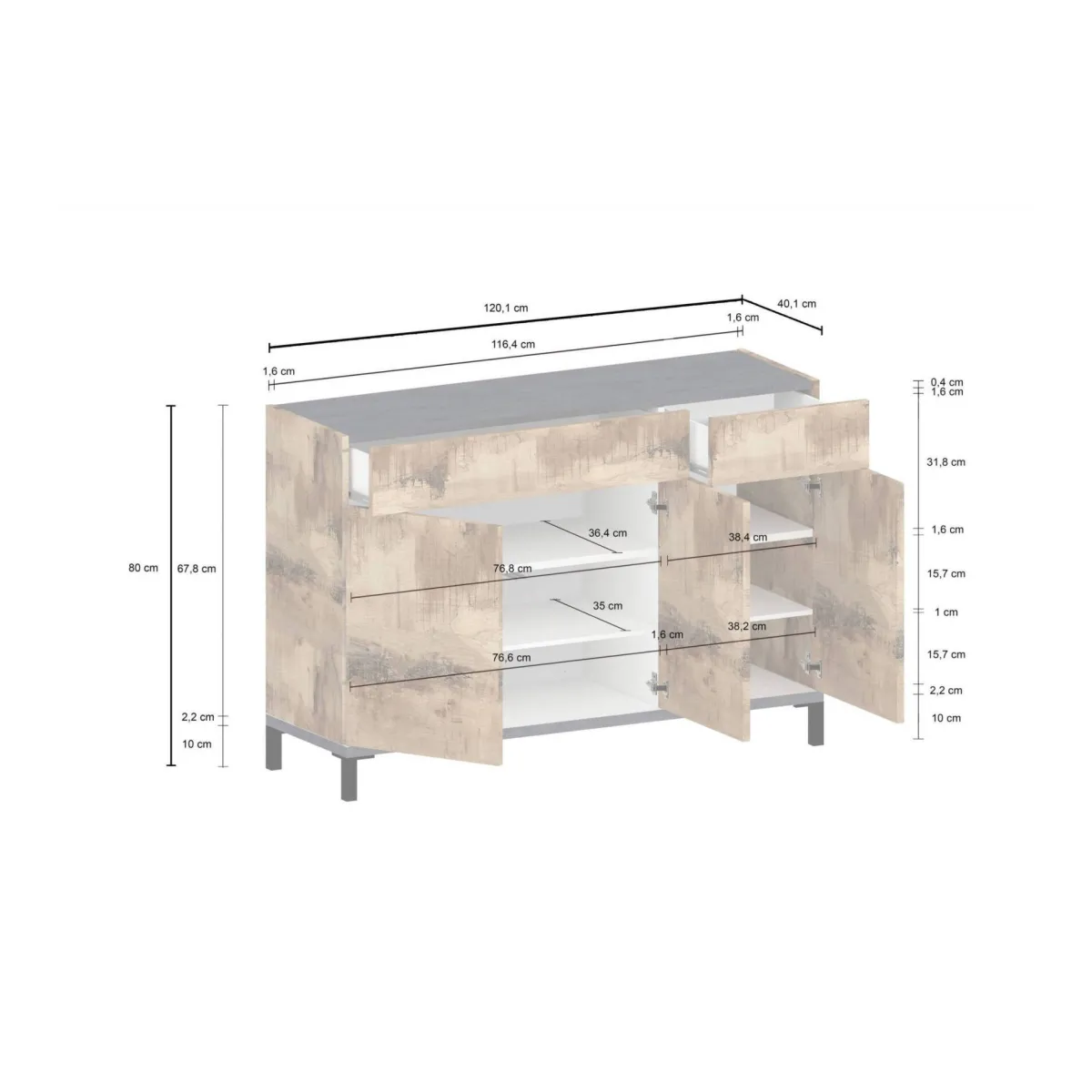 Bagno|Lavanderia > Dmora Scarpiera 3 ante e 2 cassetti acero e ardesia 120x80h cm - Syria Grigio Ardesia, Marrone Acero